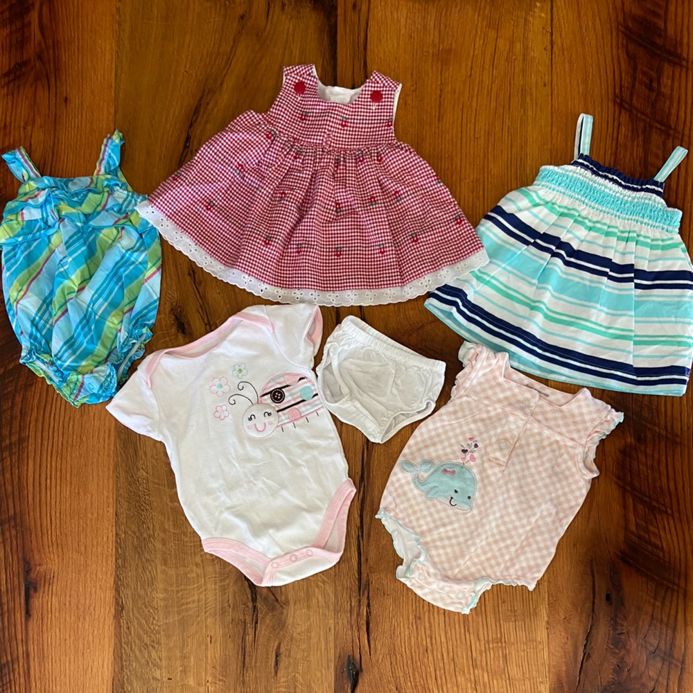 Baby Girl Set of SIX Pieces of Adorable Spring and Summer Clothes, Size 3 Months